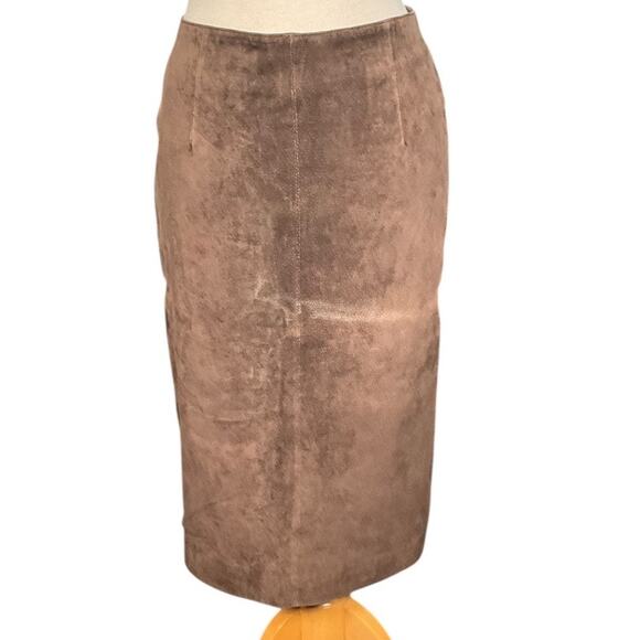 Vintage A.M.I Brown Suede Pencil Skirt 100% Leather Wester A-Line Midi Zipper - Picture 1 of 10